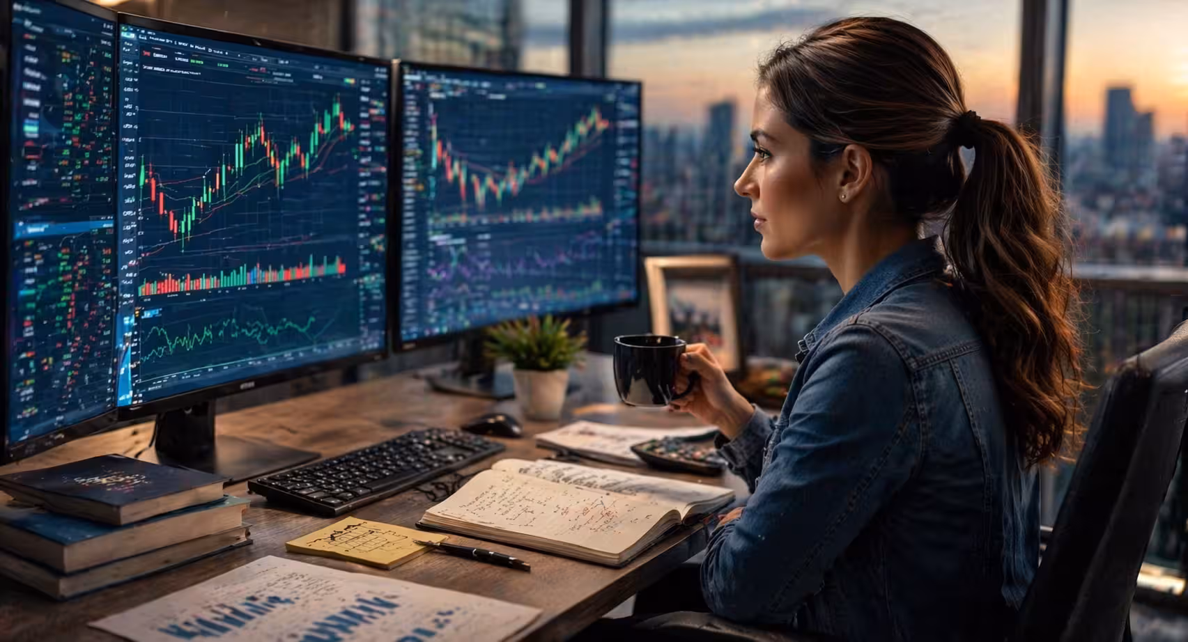 Woman reviewing options trading charts while generating steady monthly income with covered call strategy in a calm trading setup