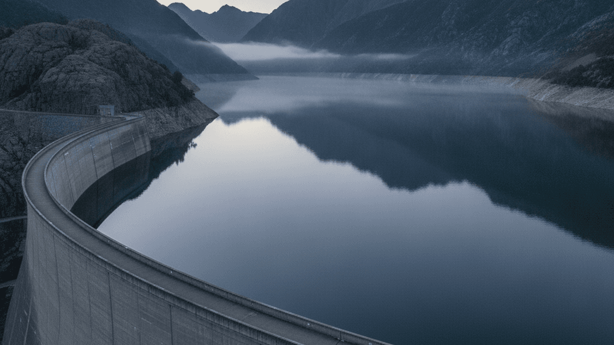 a mountain reservoir held back by a curved concrete dam at dawn, still water and low mist, wide view
